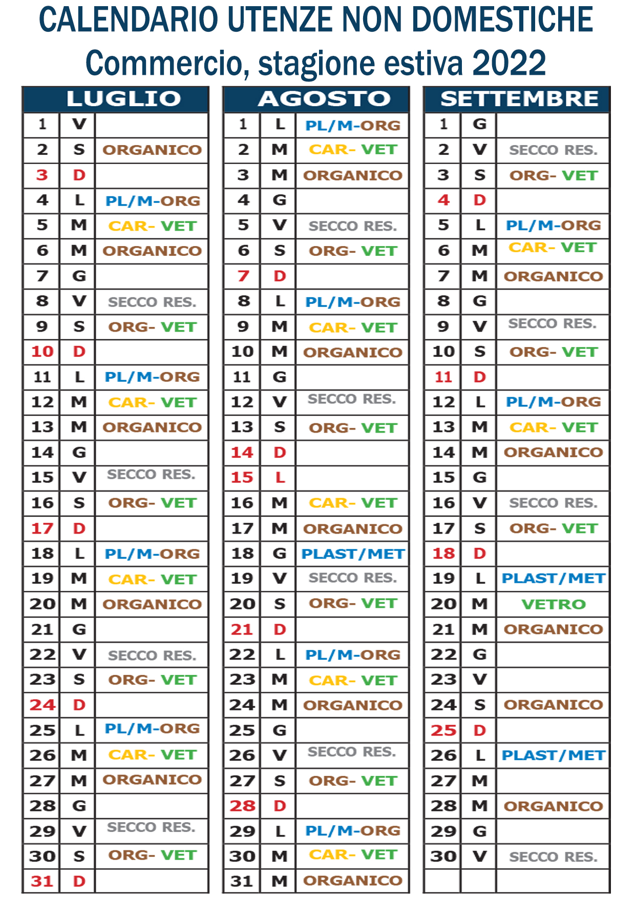 AVVISO | Differenziata, calendario estivo utenze non domestiche.