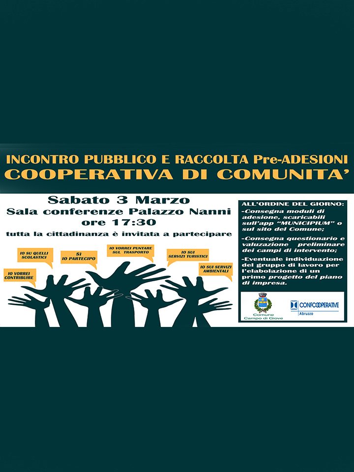 AVVISO | Incontro pubblico  Cooperativa di Comunità, Sabato 3  Marzo, Palazzo Nanni ore 17.30