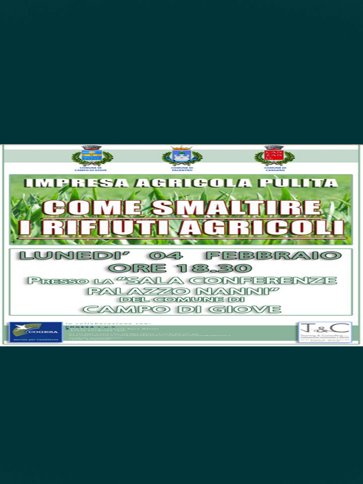 Incontro | Impresa agricola pulita, come smaltire i rifiuti agricoli. Lunedì 4 Febbraio ore 18:30.