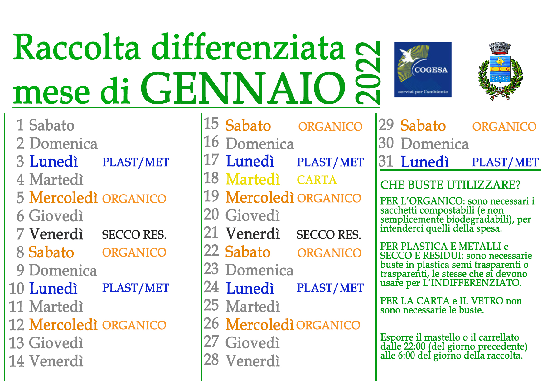 AVVISO | Raccolta differenziata, mese di GENNAIO (caricato nei commenti qui su facebook, sull'app Municipium o sito istituzionale).